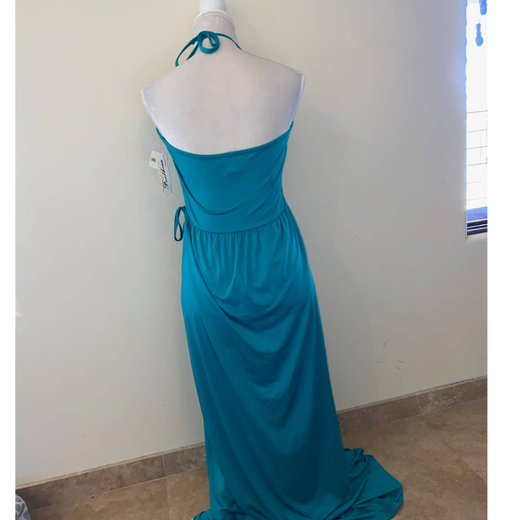 TEAL BACKLESS TIE DRESS FEATHERS SIZE LARGE NWT - Picture 2 of 5